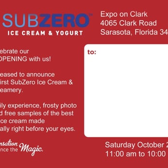 Sub Zero Nitrogen Ice Cream - Grand Opening October 20th 2012. Florida get ready to experience insta freeze! An ice cream experience coming your way! - Ice Cream & Frozen Yogurt Near Me - Sarasota, Florida Sub Zero Nitrogen Ice Cream - Grand Opening October 20th 2012. Florida get ready to experience insta freeze! An ice cream experience coming your way! - Ice Cream & Frozen Yogurt Near Me - Sarasota, Florida