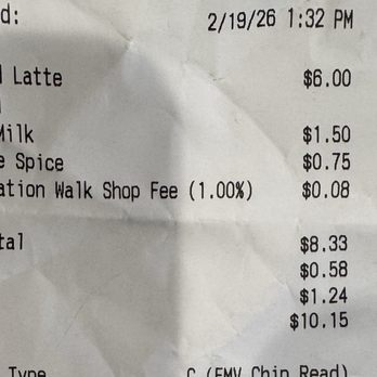 Un Attimo Coffee - Receipt for small latte - Coffee & Tea Near Me - Plantation, Florida