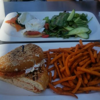 What a Bagel Eatery - Smoked Salmon Benedict with house salad $10.99 Jerusalem Toast Tuna with Sweet Potato Fries $11.98 - Sandwiches Near Me - Vaughan, Ontario