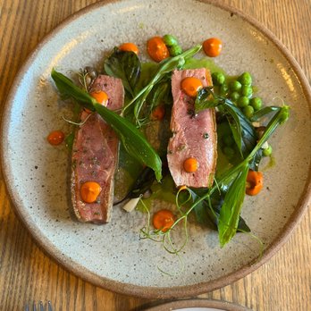 Ernest - Aged duck breast with English pea green curry and pickled mushrooms - New American Near Me - San Francisco, California Ernest - Aged duck breast with English pea green curry and pickled mushrooms - New American Near Me - San Francisco, California