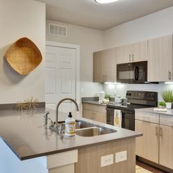 Woodcreek Apartments - Modern Kitchen with Black GE Appliances
