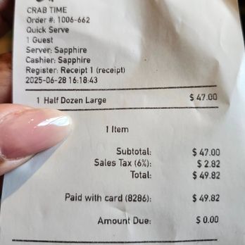 Crab Time - Receipt - Seafood Near Me - Accokeek, Maryland Crab Time - Receipt - Seafood Near Me - Accokeek, Maryland