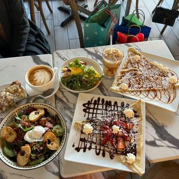 Le Cafe Du Val - cappuccino, almond croissant, brie and bacon benedict, salted caramel crepe, Nutella crepe, and salad. - Cafes Near Me - Henderson, Nevada Le Cafe Du Val - cappuccino, almond croissant, brie and bacon benedict, salted caramel crepe, Nutella crepe, and salad. - Cafes Near Me - Henderson, Nevada