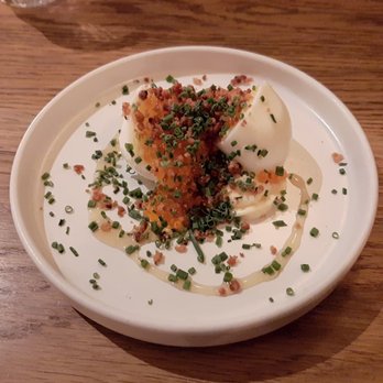 Canard - Happy Hour item. Egg with Trout roe, bacon bits, mayo, green scallions. A little salty but delicious! - Wine Bars Near Me - Portland, Oregon