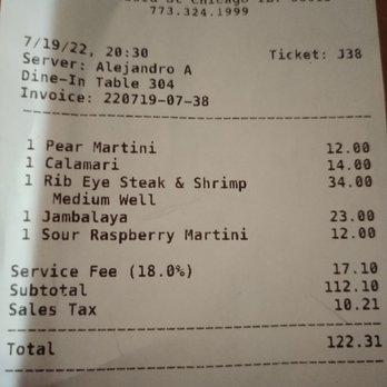 Chant - Receipt with unusual $17 dollar service charge which I didn't see any signs posted that this would be included. Seems pretty illegal. - Asian Fusion Near Me - Chicago, Illinois