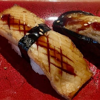 Nozomi - From left to right: Suzuki nigiri, kinoko nigiri and nasu nigiri (I was impressed with this nasu nigiri!!) - Sushi Bars Near Me - Denver, Colorado Nozomi - From left to right: Suzuki nigiri, kinoko nigiri and nasu nigiri (I was impressed with this nasu nigiri!!) - Sushi Bars Near Me - Denver, Colorado