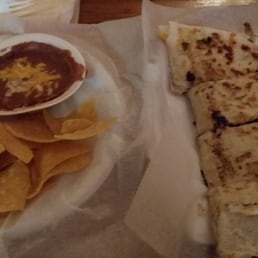 Quesadilla vegetariana and totopos with refried beans and guacamole. Yum Quesadilla vegetariana and totopos with refried beans and guacamole. Yum