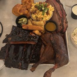 Ribs, chicken, brisket, mac n cheese, cornbread