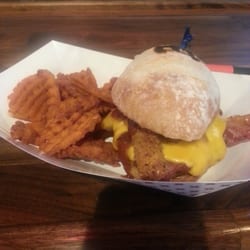 Brickhouse Taverns - Brewtus Burger with waffle sweet potato fries.