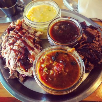 HQ BBQ - BBQ plate with added brisket, chili, and creamed corn. - Barbeque Near Me - Evansville, Wyoming