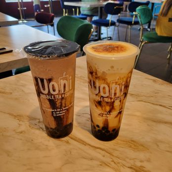 Uoni Bubble Tea - A custom chocolate, coconut, and caramel boba on the left, blended. And a creme brulee brown sugar blended boba on the right. - Bubble Tea Near Me - Spokane, Washington