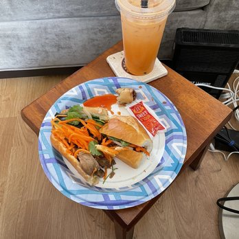 Ty Sandwich - Awesome Grilled Pork Bun Sandwich & a third eaten Imperial roll & Thai Tea! Sooo yummy! - Sandwiches Near Me - San Francisco, California Ty Sandwich - Awesome Grilled Pork Bun Sandwich & a third eaten Imperial roll & Thai Tea! Sooo yummy! - Sandwiches Near Me - San Francisco, California