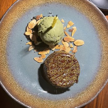 Roka Akor - Warm Valrhona Chocolate Cake with Almond Caramel & matcha ice cream - Sushi Bars Near Me - San Francisco, California Roka Akor - Warm Valrhona Chocolate Cake with Almond Caramel & matcha ice cream - Sushi Bars Near Me - San Francisco, California