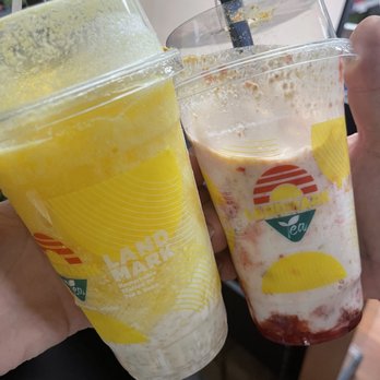 Landmark Tea - Left is mango sticky rice frappe, right is strawberry cheesecake frappe - Tea Rooms Near Me - Las Vegas, Nevada Landmark Tea - Left is mango sticky rice frappe, right is strawberry cheesecake frappe - Tea Rooms Near Me - Las Vegas, Nevada