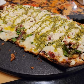 Pizza Gallery & Grill - Gourmet Pizza, Art Gallery & More - Cheese & Pesto Flatbread (Added crispy bacon & caramelized onions) - Pizza Near Me - Melbourne, Florida Pizza Gallery & Grill - Gourmet Pizza, Art Gallery & More - Cheese & Pesto Flatbread (Added crispy bacon & caramelized onions) - Pizza Near Me - Melbourne, Florida