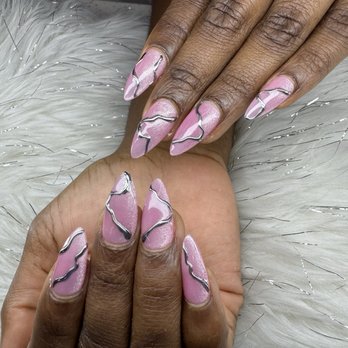 Natural Nail & Spa - Pink cat eye with silver line design - Nail Salons Near Me - Los Angeles, California Natural Nail & Spa - Pink cat eye with silver line design - Nail Salons Near Me - Los Angeles, California