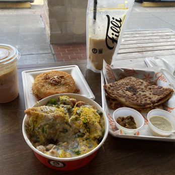 Filli Cafe - Iced Zafran Chai, Kunafa, Samosa Chaat, Spiced Zafran Pouch, Aloo Paratha - Cafes Near Me - Sugar Land, Texas