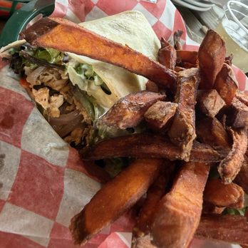 Twisted Spoke Cafe - Salmon wrap and sweet potato fries - Sports Bars Near Me - Ohiopyle, Pennsylvania