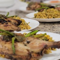 Chefyummidishes - Vegetable fried rice, grilled asparagus and charred-baked cornish hen.