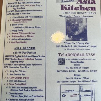 Asia Kitchen - Menu Front - Chinese Near Me - Elizabeth, Colorado