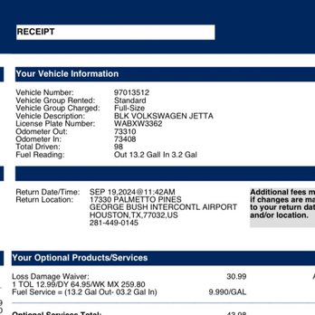 Budget - Notice miles and gallons of fuel used. Not possible. - Car Rental Near Me - Houston, Texas