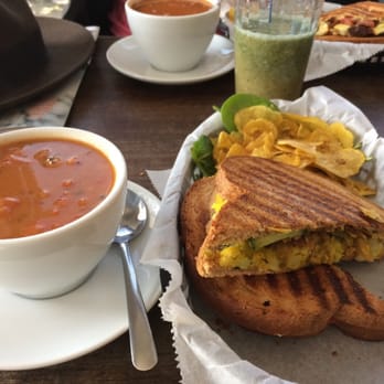 Doshi House - Goan Lenntil soup and half of 2 Paninis, Mumbai Street and Tuscan red - Coffee & Tea Near Me - Houston, Texas