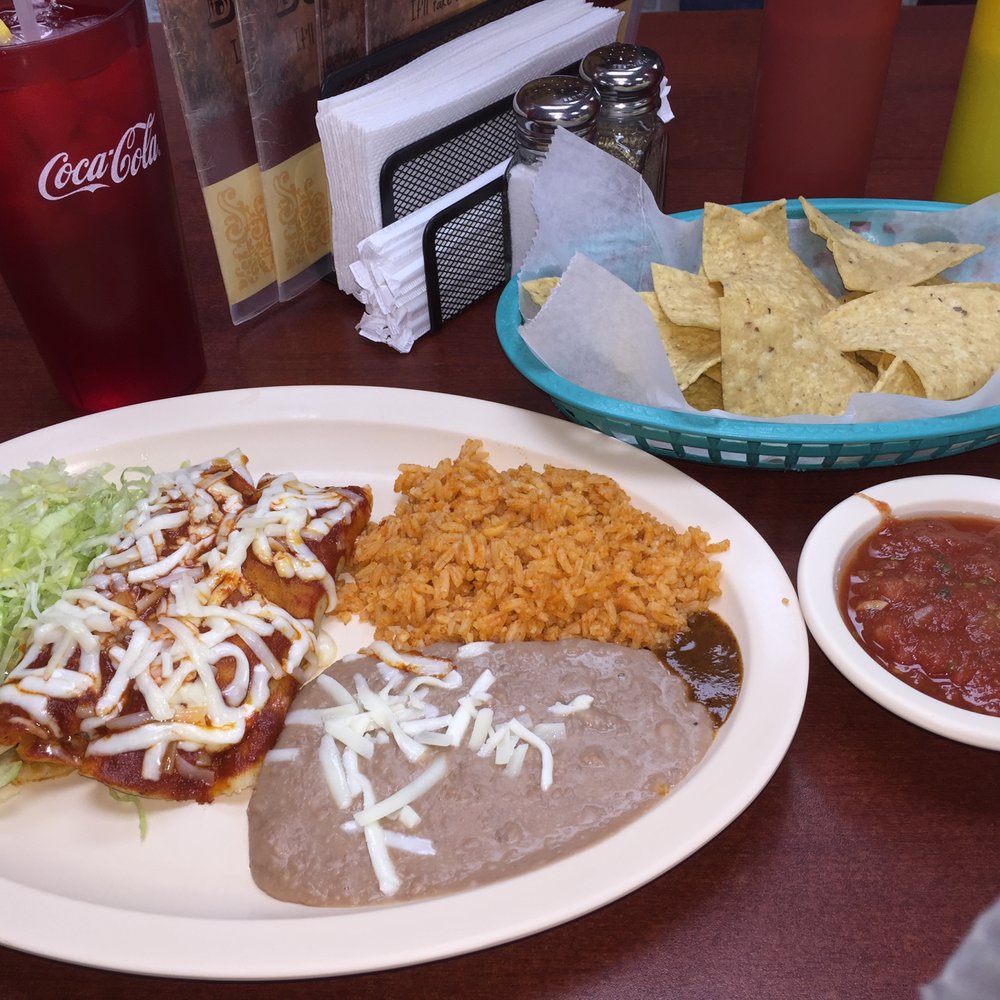 beef enchiladas w/ rice, beans, and chips beef enchiladas w/ rice, beans, and chips