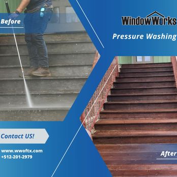 WindowWorks - Before and after pressure washed wooden stairs showing dramatic dirt and grime removal - Window Washing Near Me - Lago Vista, Texas WindowWorks - Before and after pressure washed wooden stairs showing dramatic dirt and grime removal - Window Washing Near Me - Lago Vista, Texas