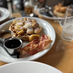 The Social House - Elvis waffle! PB sauce with bacon, bananas and syrup = epic