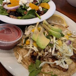 Lunch Special - Mango Fish Taco and Baby Spinach side salad $8 - a good deal, and a good amount of food! Lunch Special - Mango Fish Taco and Baby Spinach side salad $8 - a good deal, and a good amount of food!