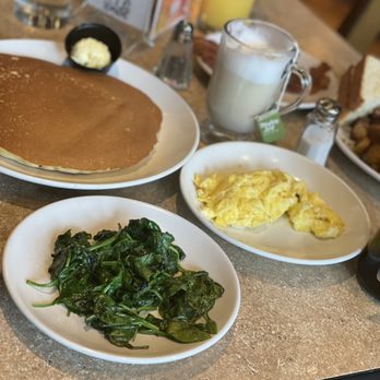 Cafe Madison - a breakfast of pancakes, eggs, spinach, and pancakes - Breakfast & Brunch Near Me - Albany, New York