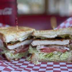 Deano's Diner - Santa Fe chicken special (sourdough, pepper jack, green chile, chicken patty) & fixins'