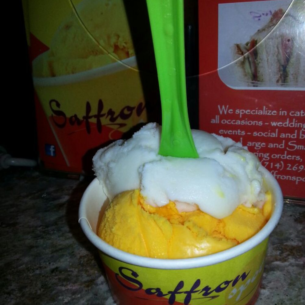 Saffron Spot - half a scoop of coconut and half a scoop of mango! - Desserts Near Me - Artesia, California Saffron Spot - half a scoop of coconut and half a scoop of mango! - Desserts Near Me - Artesia, California