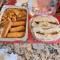 Sandwich City - BEC on a roll, mozzarella sticks and waffle fries