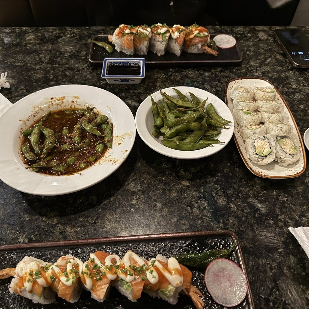 Superman Roll, spicy garlic edamame, California roll