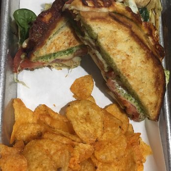 Brewed Cafe & Pub - "Caprese-ish" mozzarella, artichoke, tomato, spinach, balsamic drizzle w/ pesto spread  Served with BBQ chips  Sooooooo Delish!!! - Coffee & Tea Near Me - Vancouver, Washington