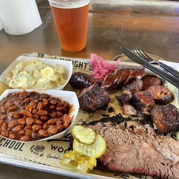 Wrights Barbecue Rogers - Brisket Plate, Sausage Link Jalapeno Cheddar, Bacon burnt ends, Smoked Beans, Potato Salad Deviled Egg - Barbeque Near Me - Rogers, Arkansas