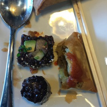 Sun Cuisines - Tuna roll (top), sweet potato roll (bottom), samusa with house sauce - Burmese Near Me - Williamsville, New York