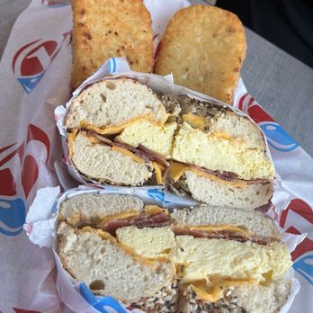 Brooklyn Water Bagel - Bacon, Egg and Cheese on everything bagel with 2 hashbrowns - Coffee & Tea Near Me - Orlando, Florida Brooklyn Water Bagel - Bacon, Egg and Cheese on everything bagel with 2 hashbrowns - Coffee & Tea Near Me - Orlando, Florida