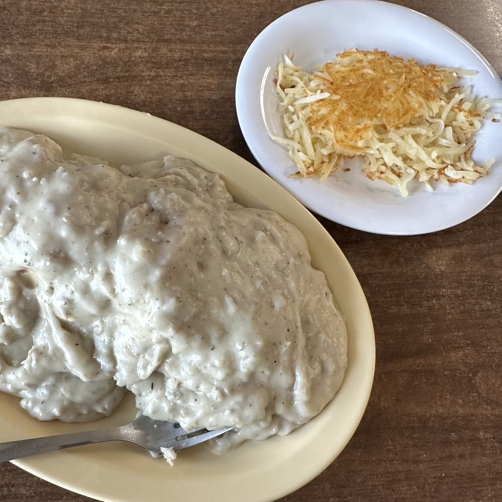 Biscuits and Gravy and Hash Browns. Biscuits and Gravy and Hash Browns.