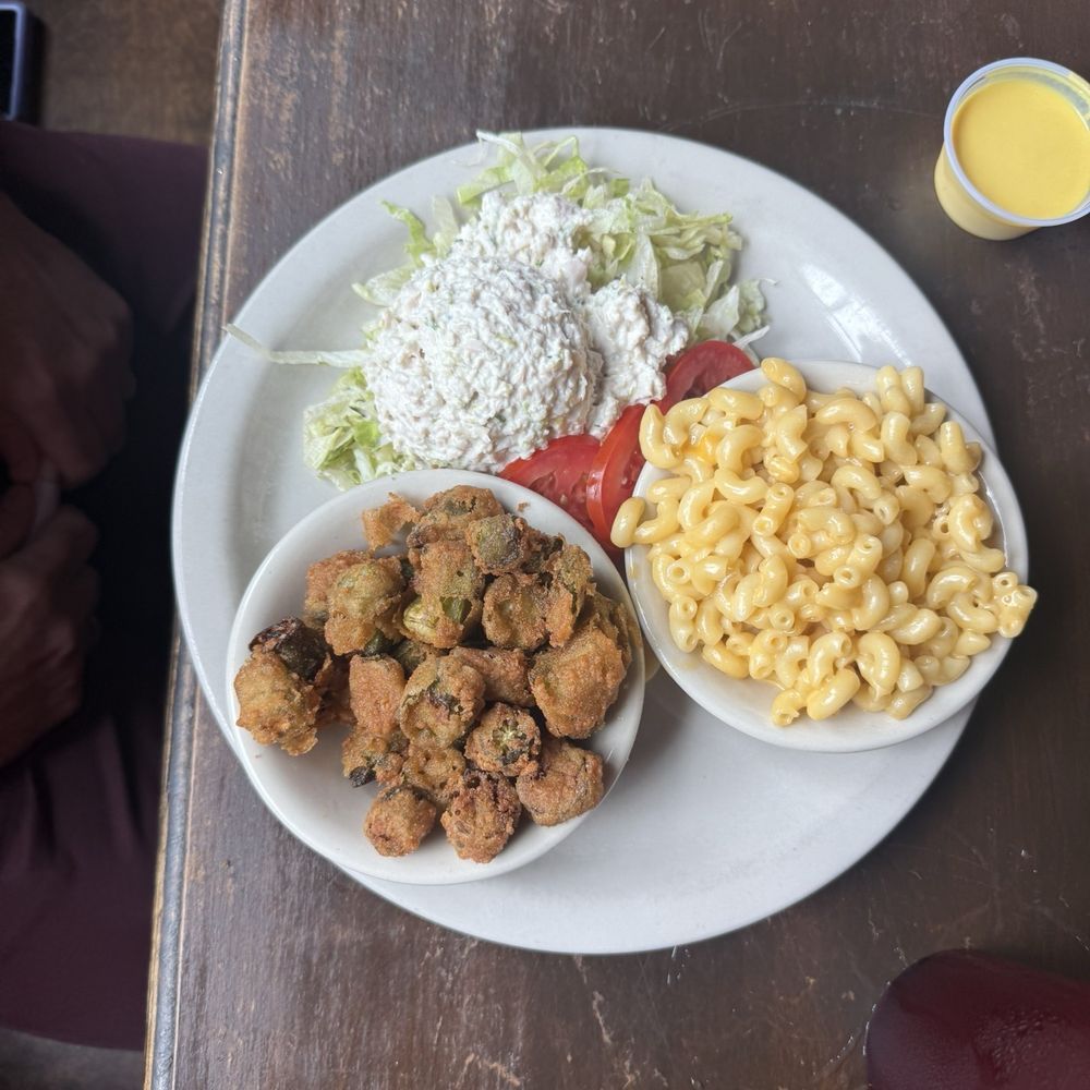 Chicken salad with fried okra and Mac Chicken salad with fried okra and Mac