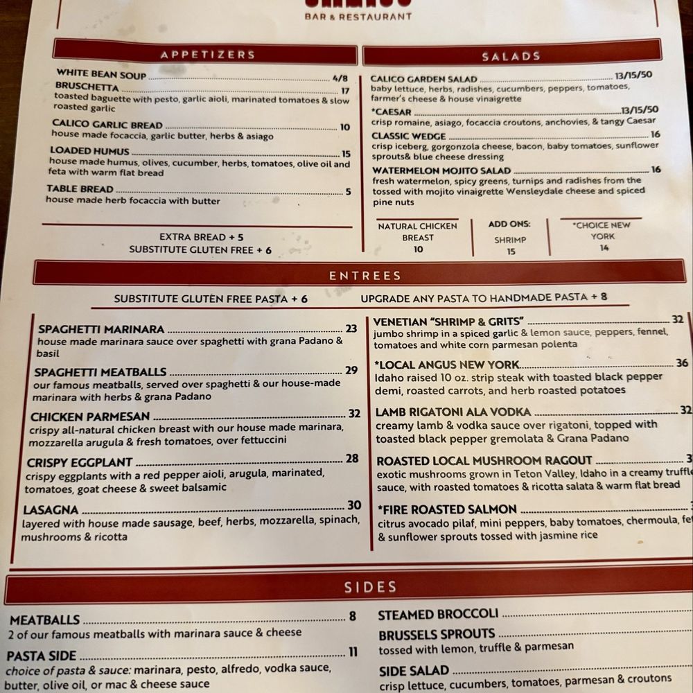 Calico Restaurant and Bar - Menu - Italian Near Me - Wilson, Wyoming Calico Restaurant and Bar - Menu - Italian Near Me - Wilson, Wyoming