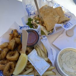 calamari with fries, shrimp and cod ceviche, and chowder - all were tasty!