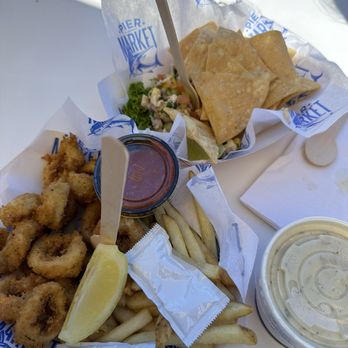 Pier Market Stand - calamari with fries, shrimp and cod ceviche, and chowder - all were tasty! - Seafood Near Me - San Francisco, California