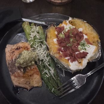 The Whistlestop - Salmon with asparagus and loaded baked potato - Restaurants Near Me - Trinidad, Texas The Whistlestop - Salmon with asparagus and loaded baked potato - Restaurants Near Me - Trinidad, Texas