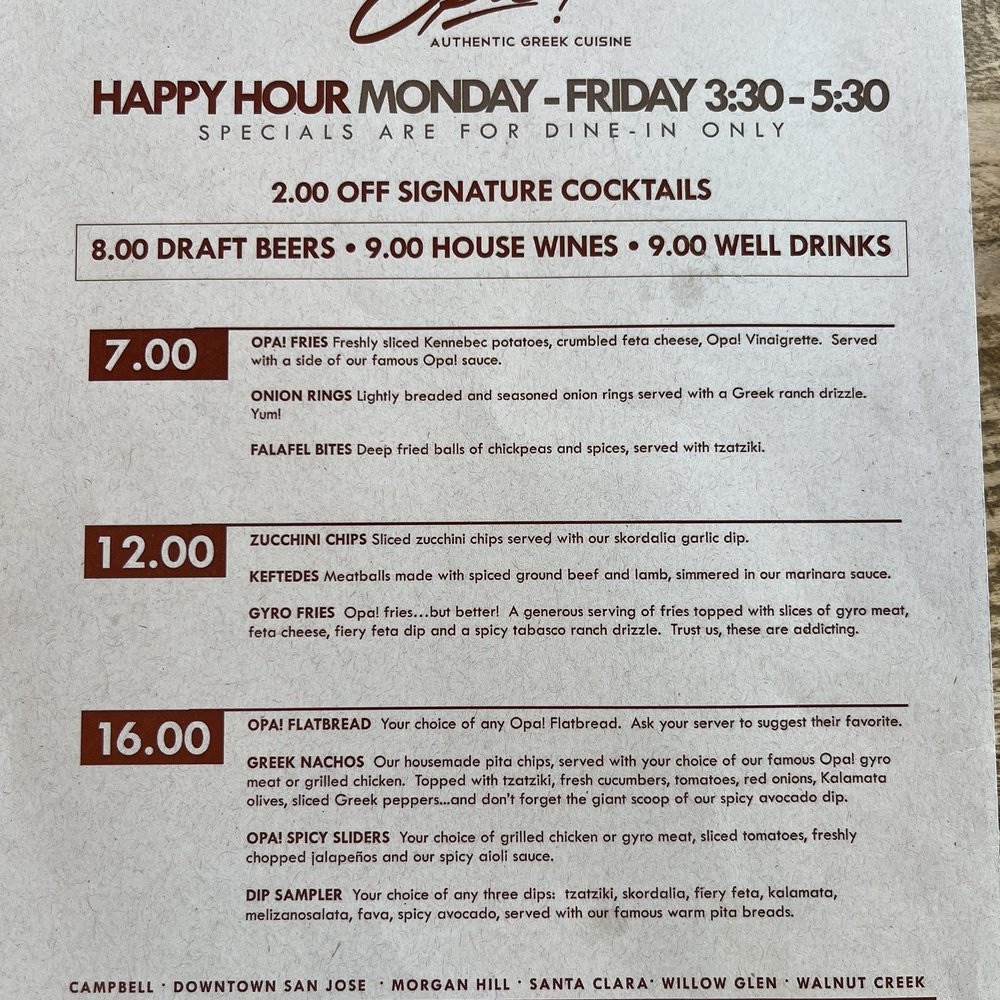 Opa Morgan Hill - Their happy hour menu - Greek Near Me - Morgan Hill, California Opa Morgan Hill - Their happy hour menu - Greek Near Me - Morgan Hill, California