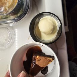 I put my finger by the brownie for size reference, and it was like a 1oz condiment cup of ice cream. Lol I put my finger by the brownie for size reference, and it was like a 1oz condiment cup of ice cream. Lol