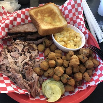 Fire It Up BBQ - Two meat combo - pork and brisket - with macaroni and cheese and fried okra. - Barbeque Near Me - Cartersville, Georgia Fire It Up BBQ - Two meat combo - pork and brisket - with macaroni and cheese and fried okra. - Barbeque Near Me - Cartersville, Georgia