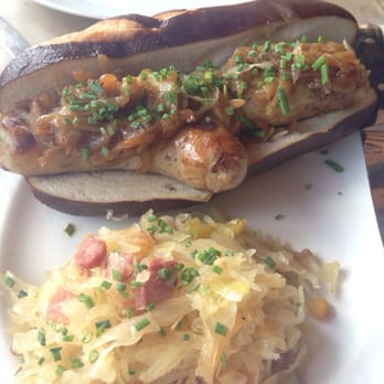 Great Maple - Bratwurst w sour kraut & mashed potatoes and spicy mustard -- uber authentic and not overly vinegary like other places make it - New American Near Me - Newport Beach, California Great Maple - Bratwurst w sour kraut & mashed potatoes and spicy mustard -- uber authentic and not overly vinegary like other places make it - New American Near Me - Newport Beach, California
