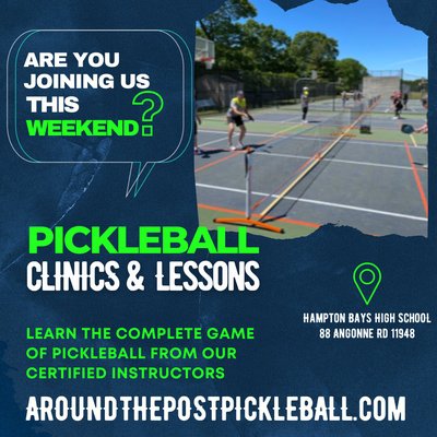 Pickleball Clinics and Lessons - Whether you’re a beginner or want to perfect your serve or stroke, our certified, pickleball instructors will help you take your game to the next level! Offering private or group lessons – contact us here to reserve your spot now! Serving the Long Island, NY area.
All lessons are 1 hour and 15 minutes:
Private $80
Semi private $45 each
3 people $35
4 people $25 Pickleball Clinics and Lessons - Whether you’re a beginner or want to perfect your serve or stroke, our certified, pickleball instructors will help you take your game to the next level! Offering private or group lessons – contact us here to reserve your spot now! Serving the Long Island, NY area.
All lessons are 1 hour and 15 minutes:
Private $80
Semi private $45 each
3 people $35
4 people $25